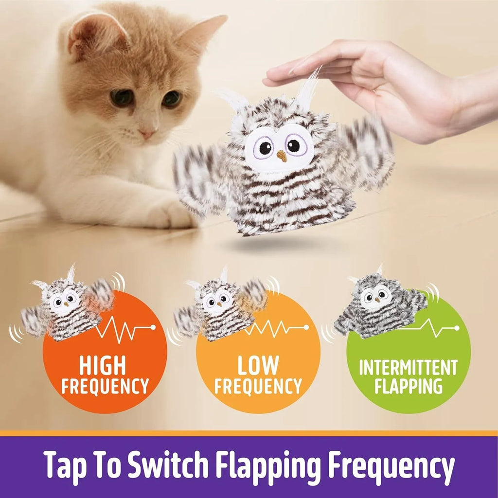 Grey automatic chirping owl cat toy with flapping wings on a plain background