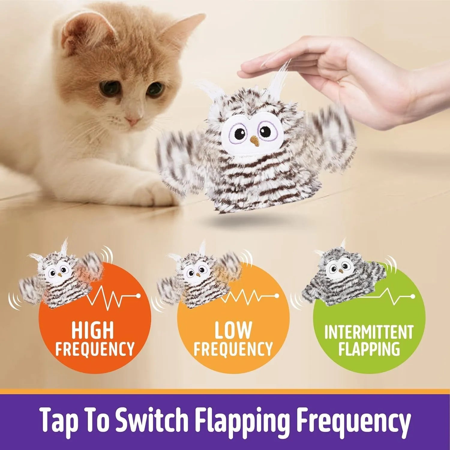 Grey automatic chirping owl cat toy with flapping wings on a plain background