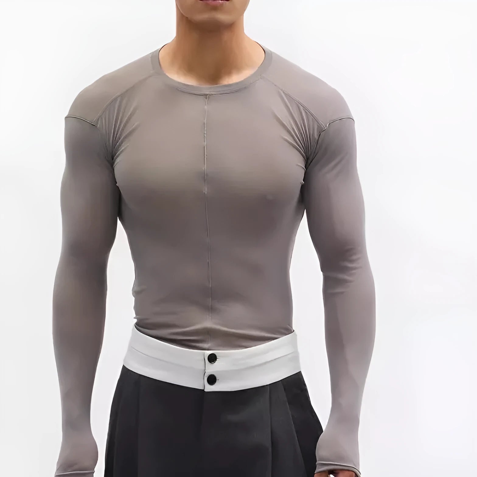 Black slim-fit long sleeve PU mesh pullover top with a see-through texture on a model.