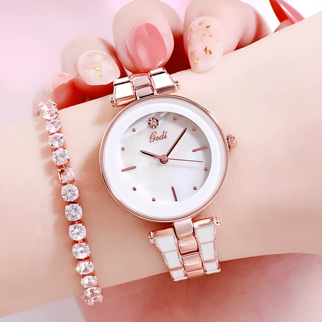 Ladies quartz watch with white dial, rose gold tone, 30mm round alloy case, and steel strap