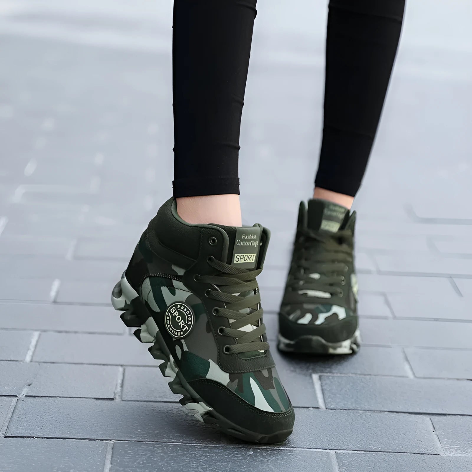 Green camouflage pattern women's canvas sneakers with a white rubber sole.