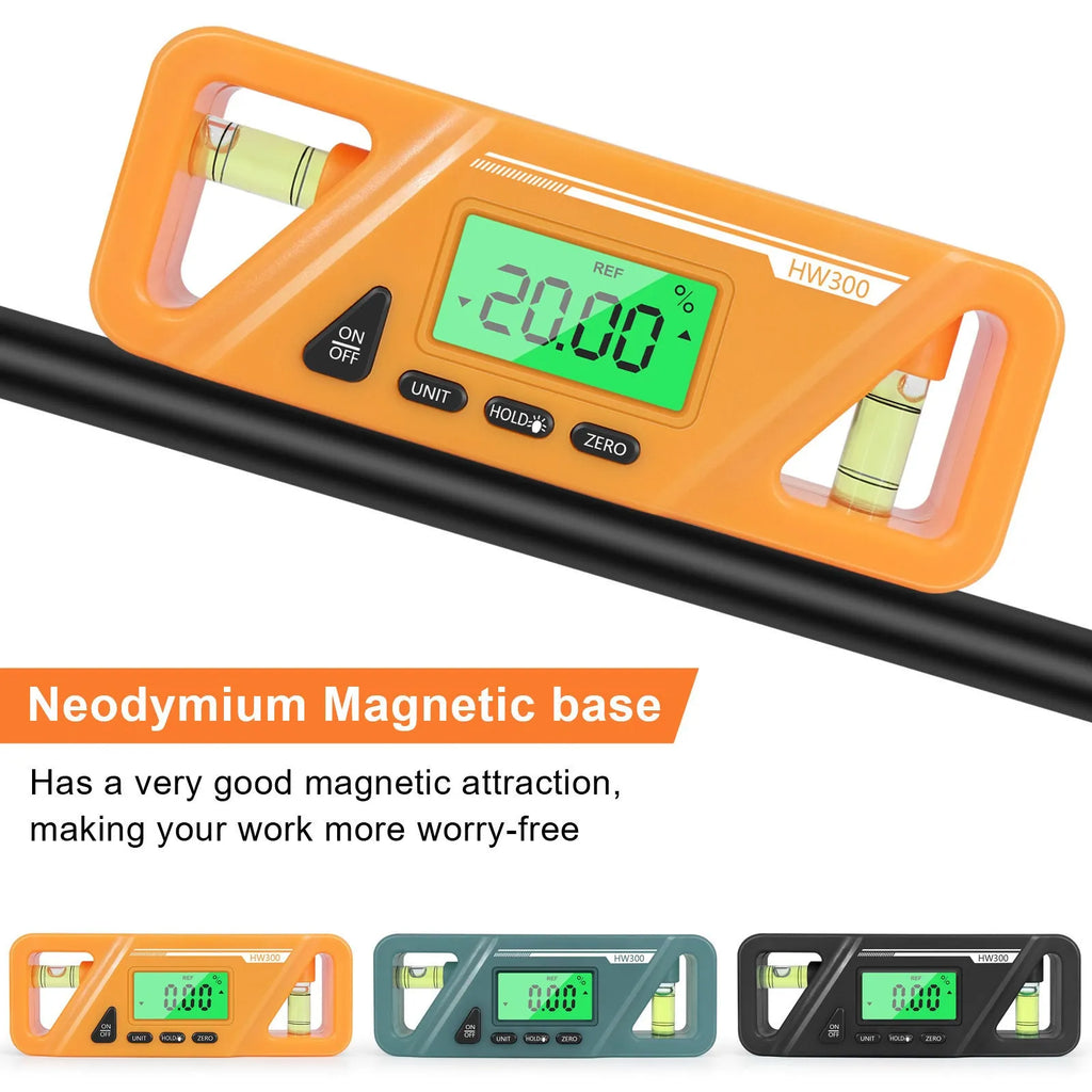 Digital magnetic inclinometer angle gauge with plastic ABS housing measuring 115x42x22mm