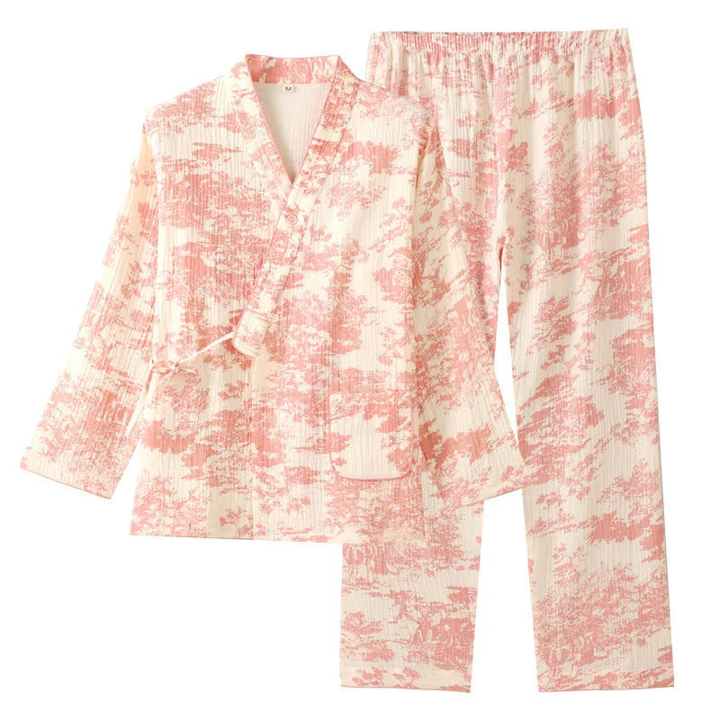 Women's pink cotton gauze suit set with lace-up trousers and long sleeve top for home and casual wear