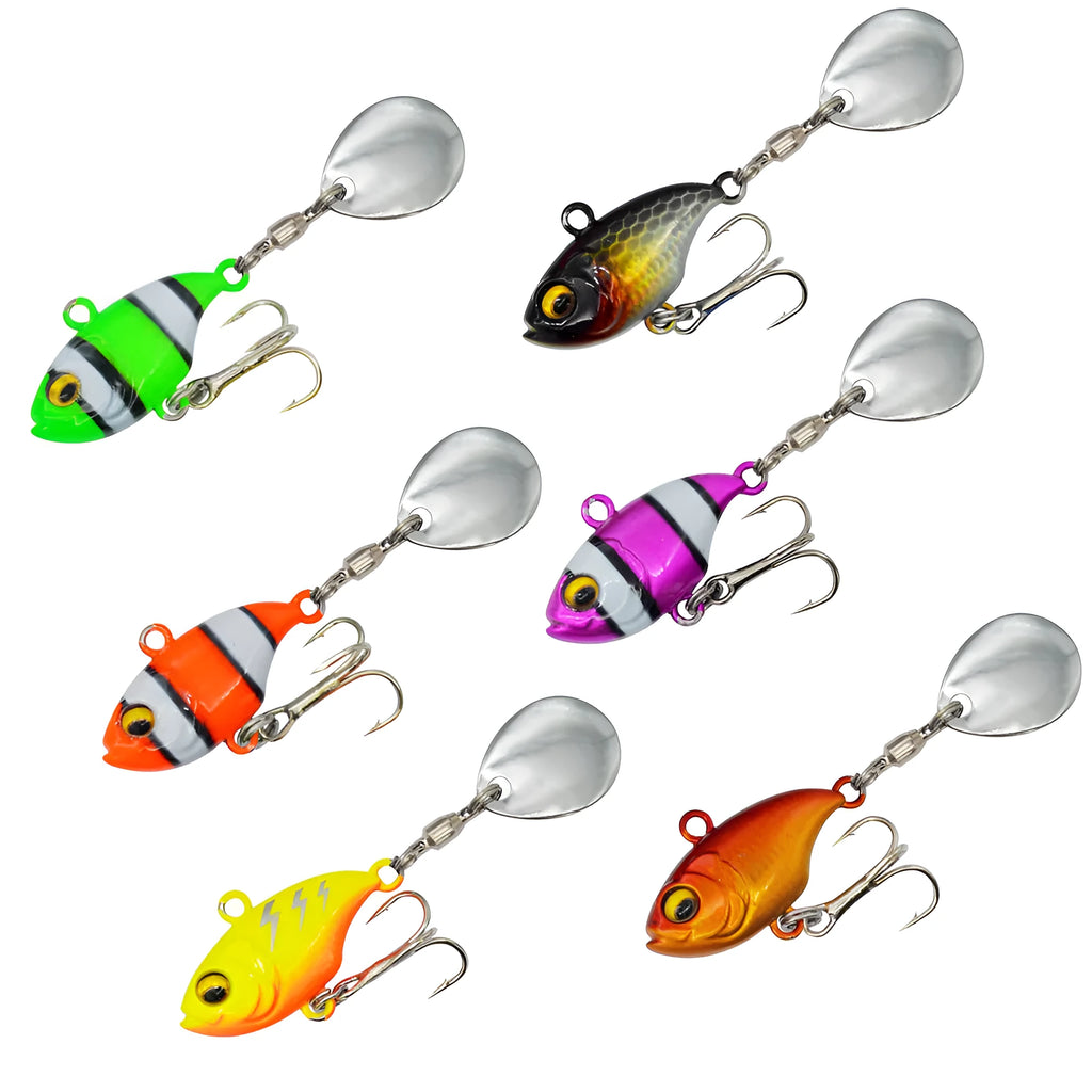 Metal plate fishing lure with rotating sequins shown in multiple colour options including zebra stripes and solid gold.