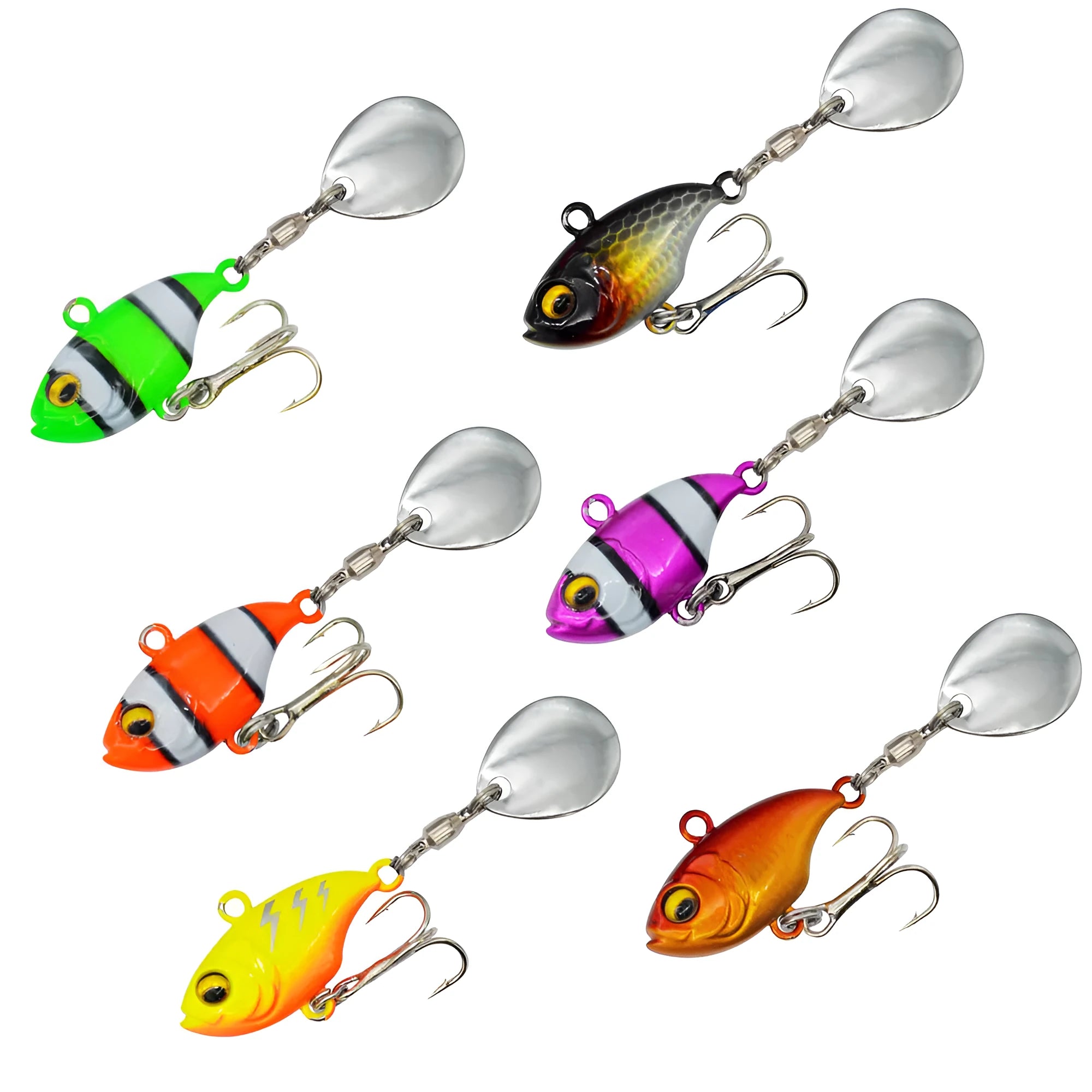 Metal plate fishing lure with rotating sequins shown in multiple colour options including zebra stripes and solid gold.