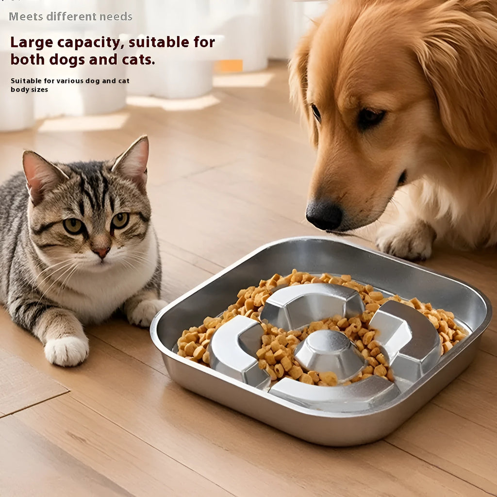 Square stainless steel slow feeding pet bowl for dogs and cats with bone square design on a plain background.