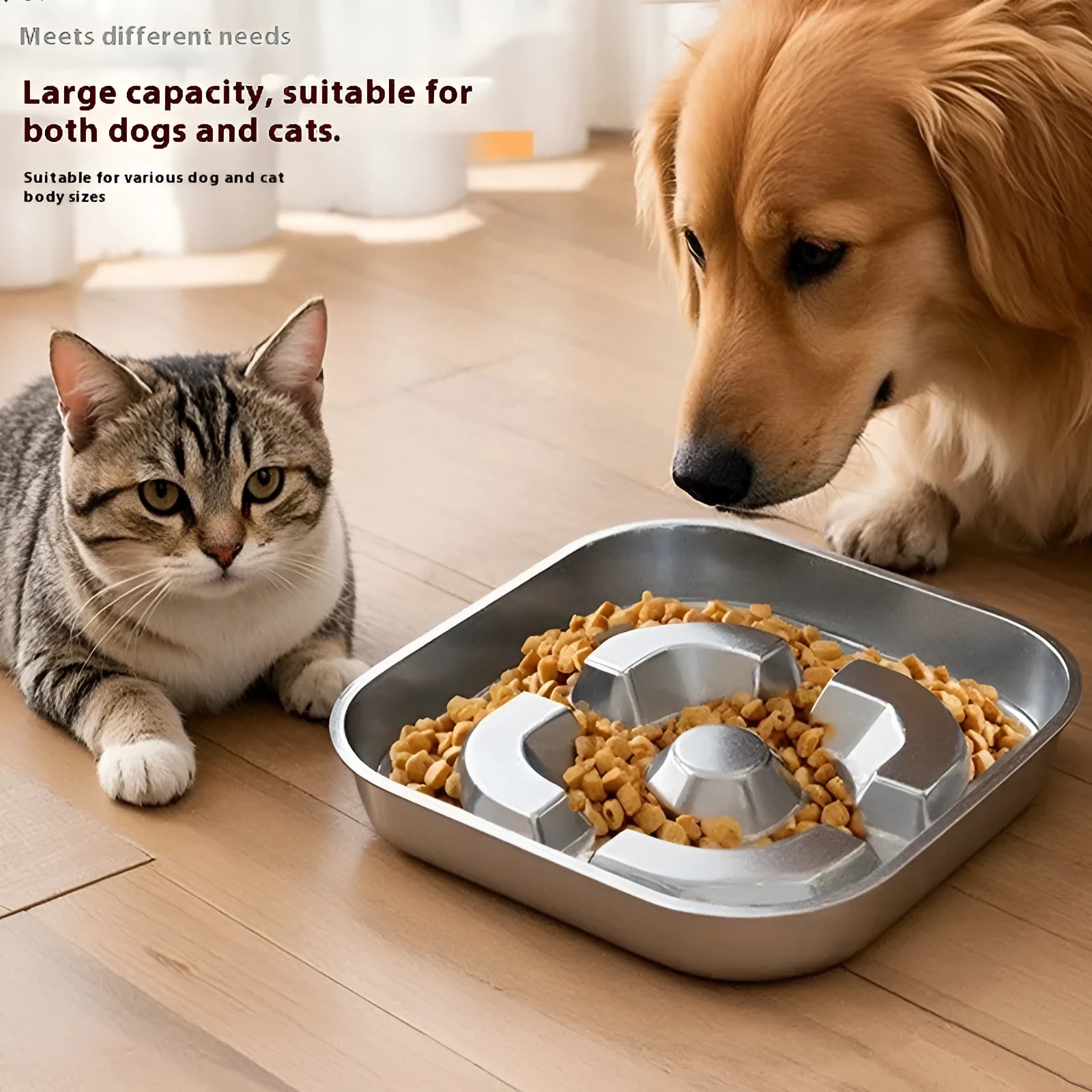 Square stainless steel slow feeding pet bowl for dogs and cats with bone square design on a plain background.