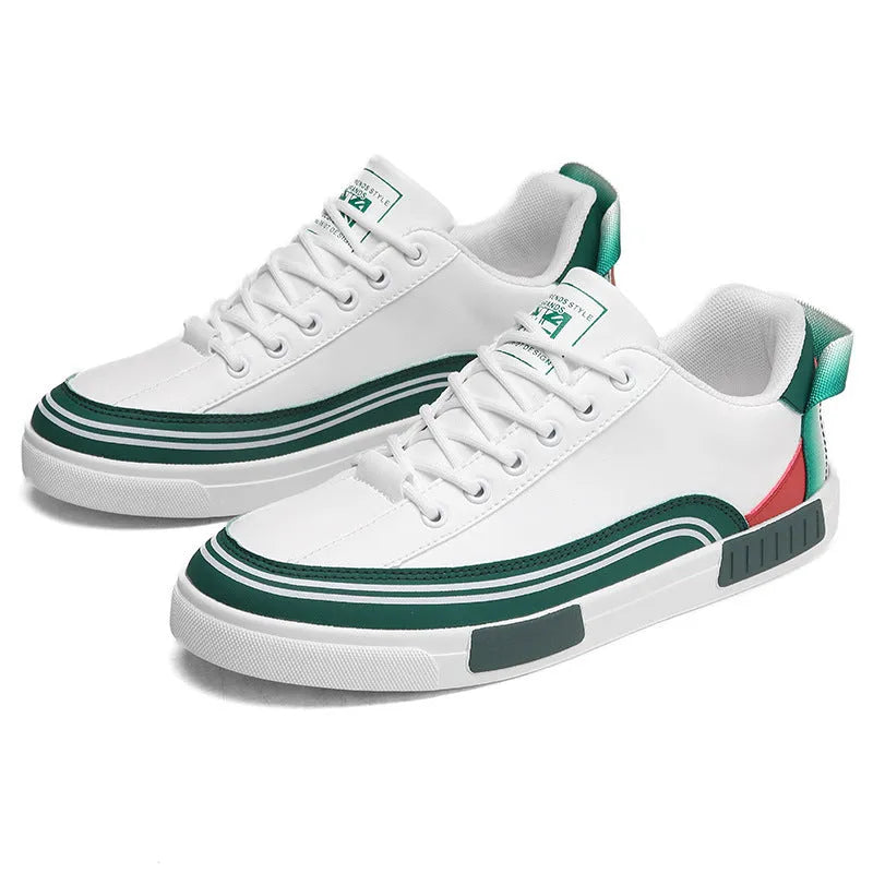 Men's white and green canvas casual shoes with mesh ventilation panels and flat heel