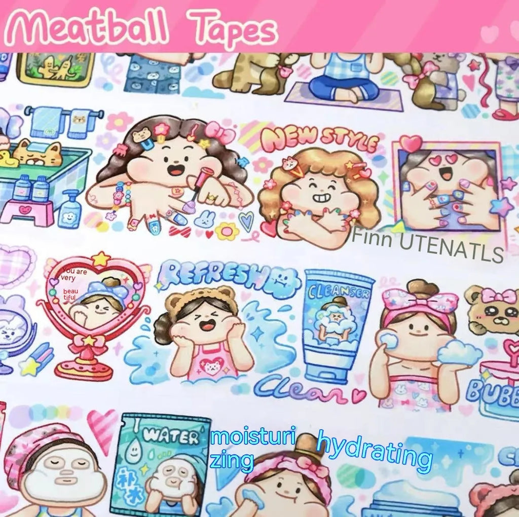 Sheet of cute cartoon character stickers on Japanese paper for haemorrhoid tape packaging.