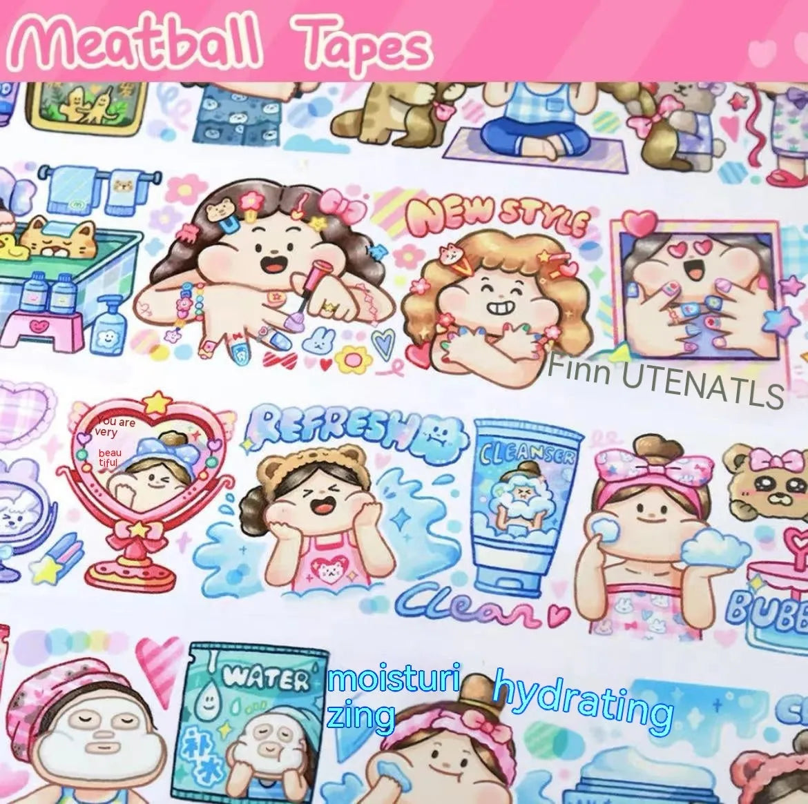Sheet of cute cartoon character stickers on Japanese paper for haemorrhoid tape packaging.