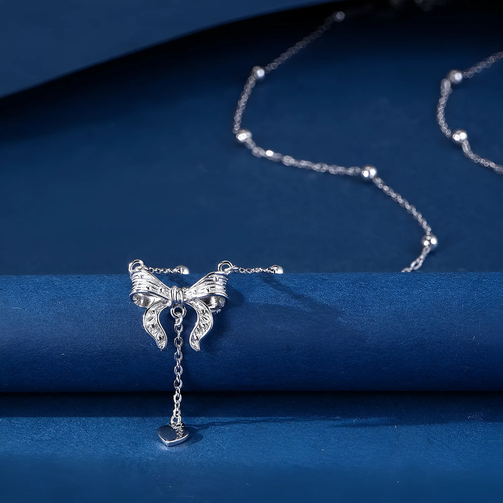 S925 silver butterfly heart necklace with adjustable O-ring chain and bow detailing