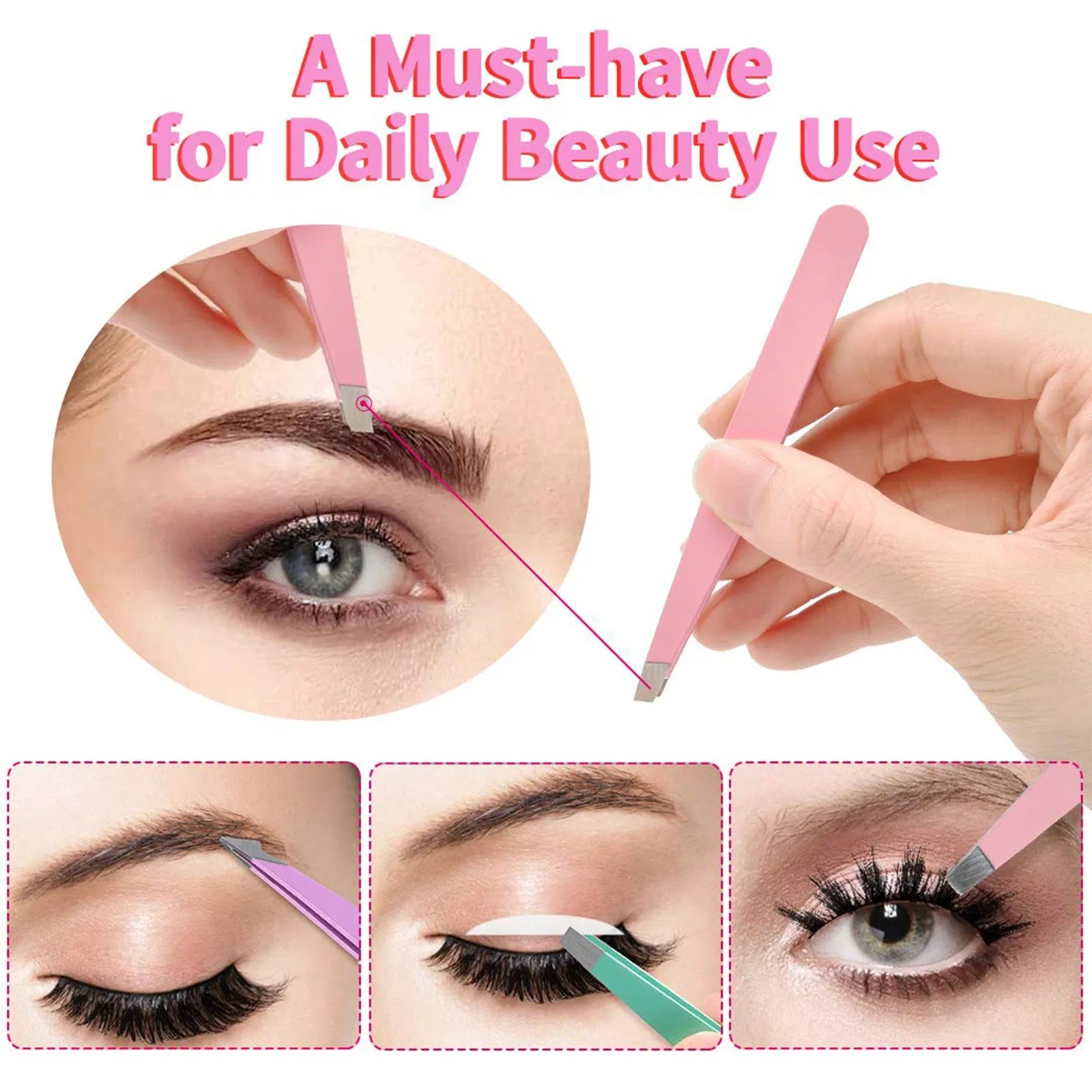 Six-piece stainless steel eyebrow tweezers set with curved scissors and leather case