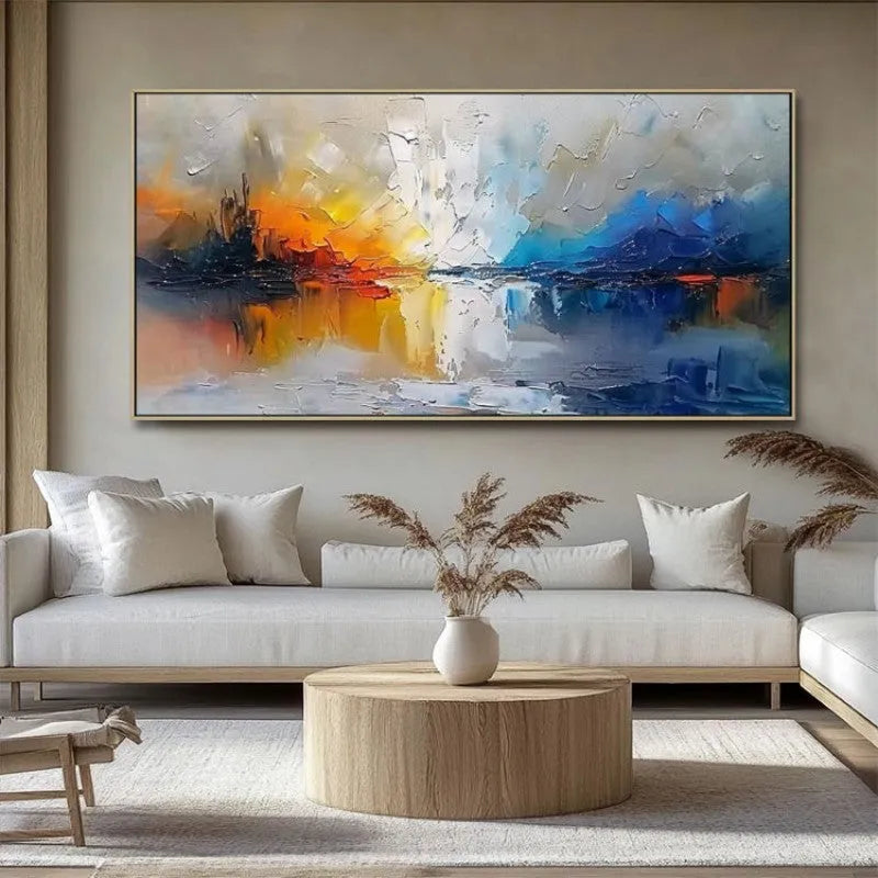 Handmade modern abstract landscape oil painting on canvas, large horizontal size