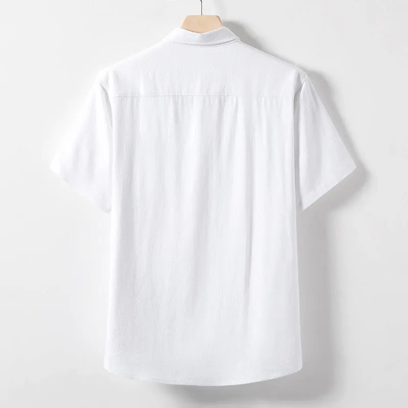 Men's loose-fit linen T-shirt with a lapel collar in black, linen, or white.
