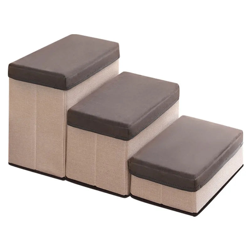 Foldable third-level pet stairs steps in brown cloth with non-slip surface for indoor dog use