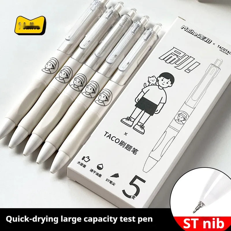 Five white and black Taco series 0.5mm press-action ballpoint pens laid side by side.