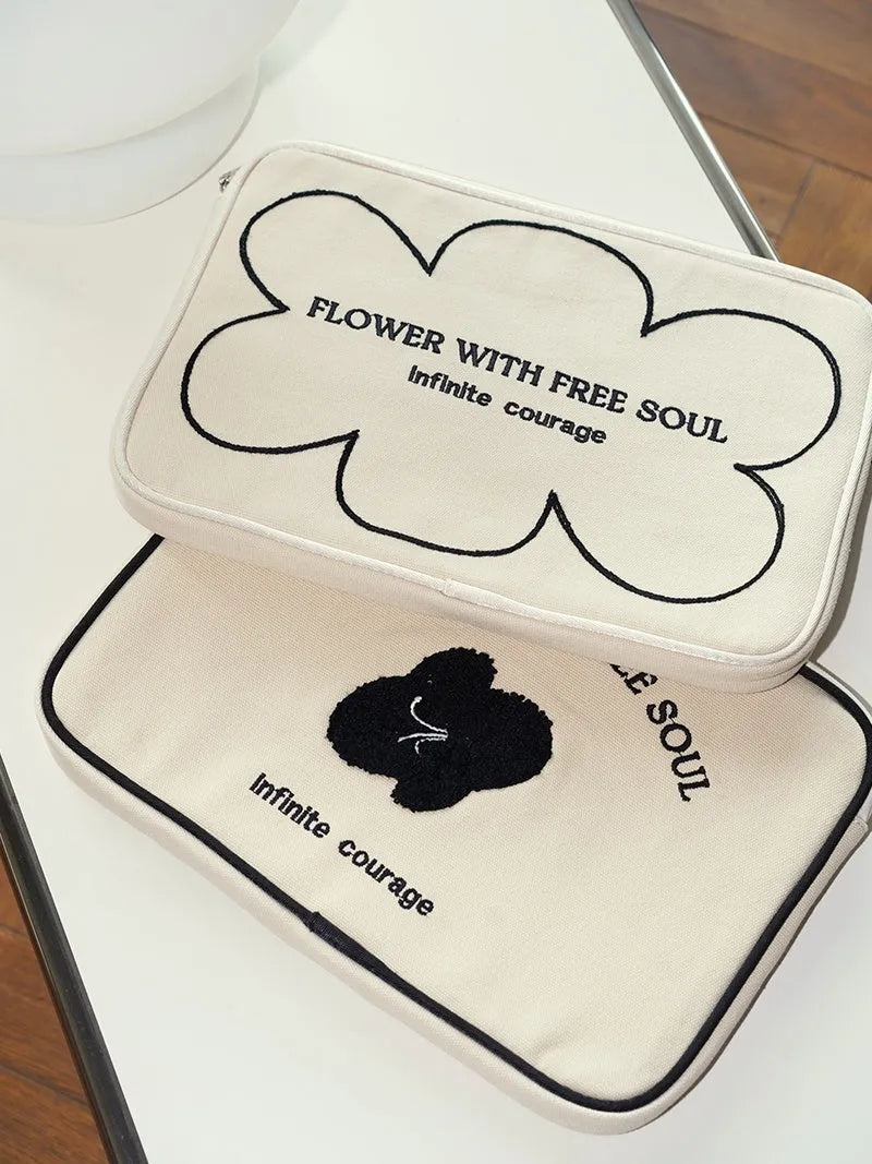 Canvas notebook liner bag with embroidery line terms flowers pattern in simplicity style