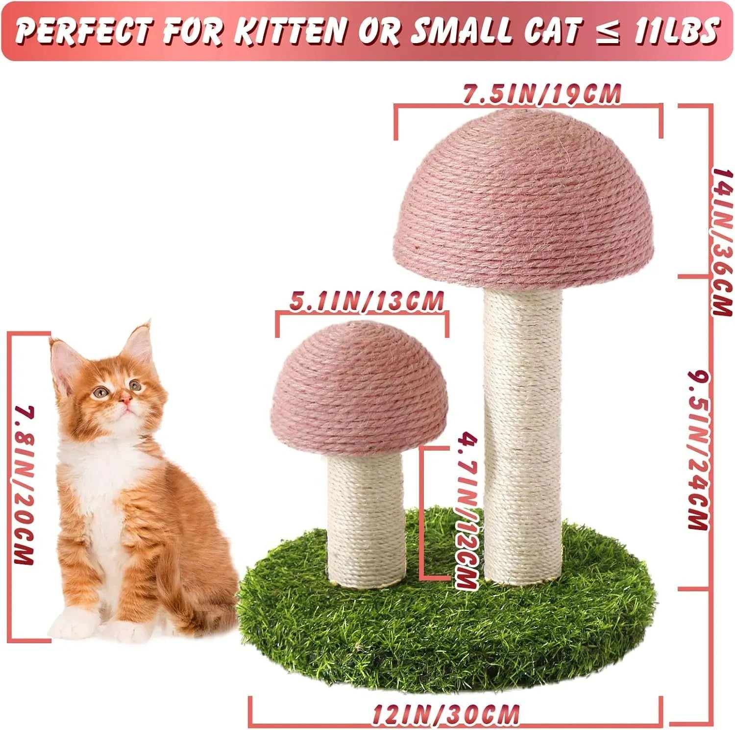 Pink mushroom-shaped cat scratching post with natural sisal caps and pole on a sturdy base.