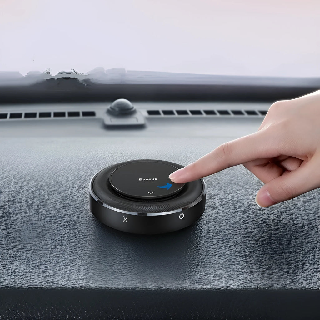 Bess round aluminium alloy car fragrance seat in black, red, or silver with solid aroma tablets.