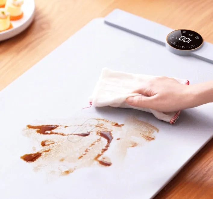 Elegant grey silicone flexible foldable warm chopping board with digital display and adjustable temperature control for kitchen food insulation