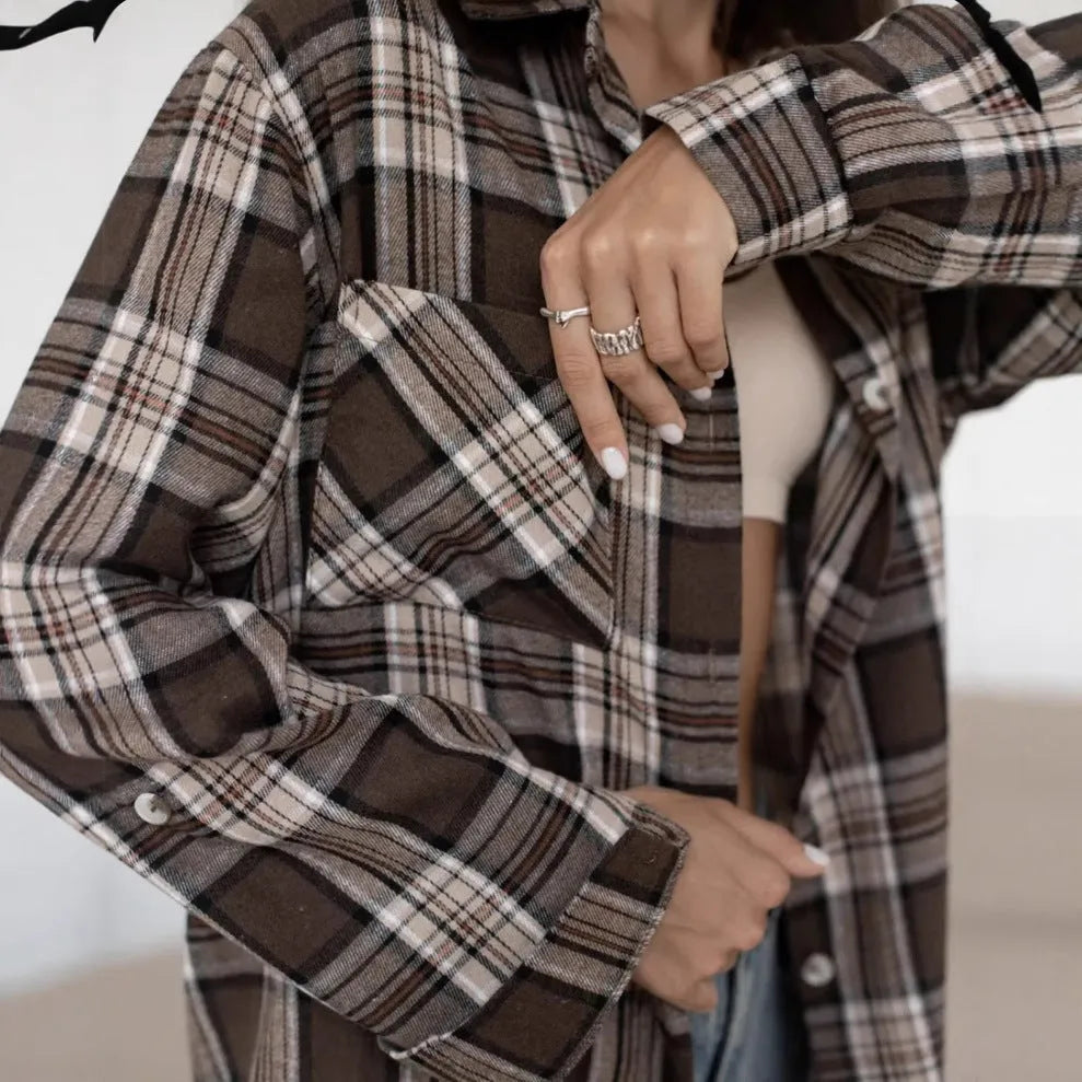 Women's dark brown retro striped long sleeve shirt with cotton fabric