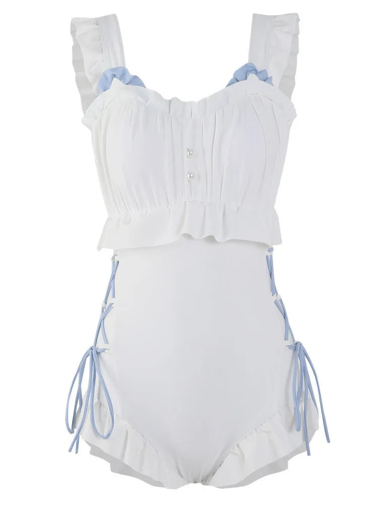 Women's milky white backless one-piece nylon swimsuit on a model, showing sleeveless and tight fit design.