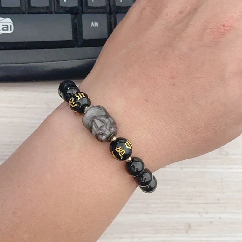 Men's silver stone bracelet with Chinese beaded design featuring zodiac symbols