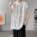 Black loose-fit wide shoulder vest with ripped sleeves and Japanese retro style.