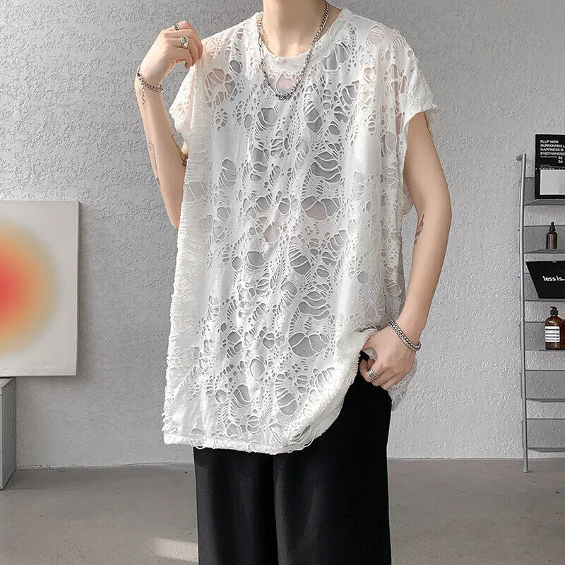 Black loose-fit wide shoulder vest with ripped sleeves and Japanese retro style.