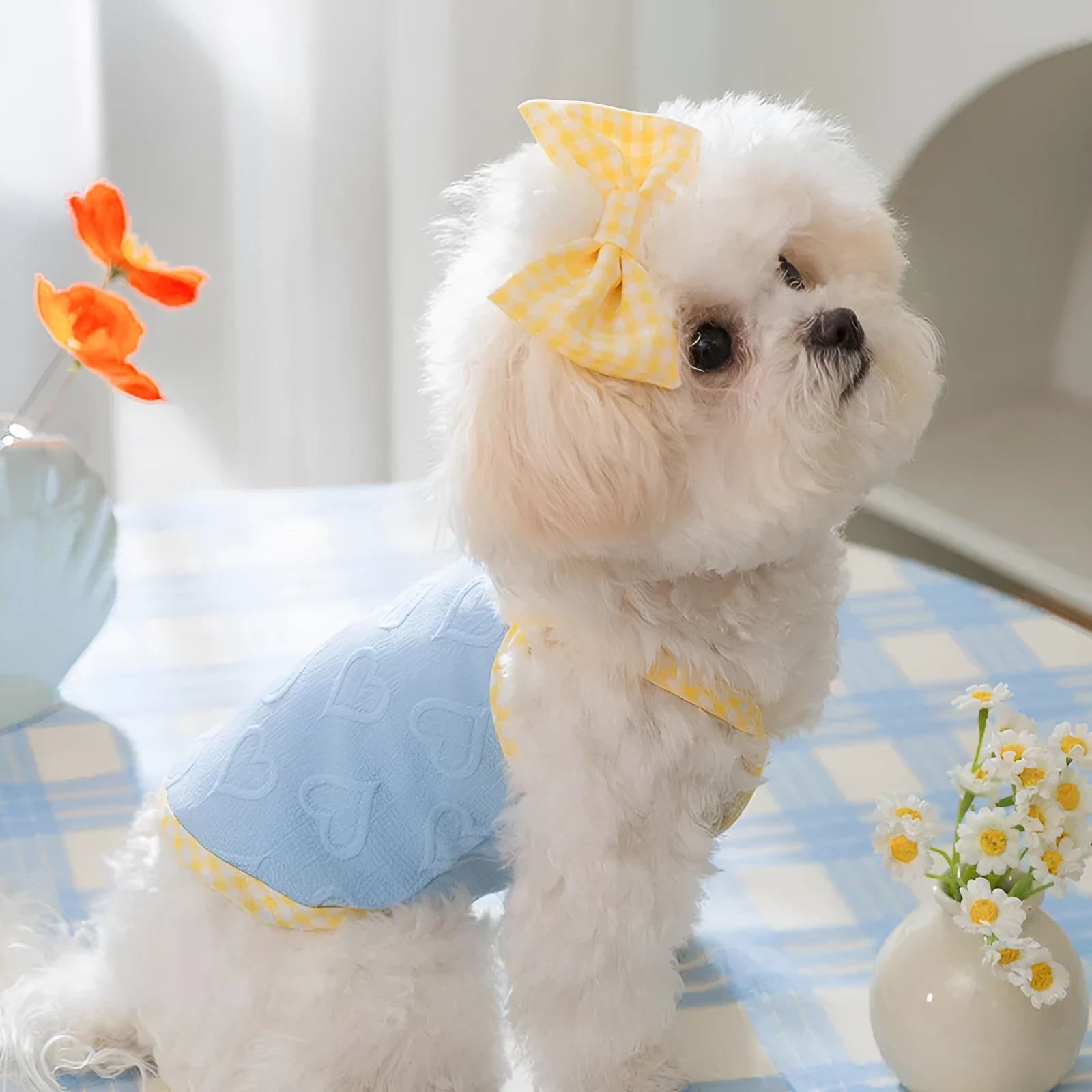 Small dog wearing blue vest with heart texture bow and matching hairband