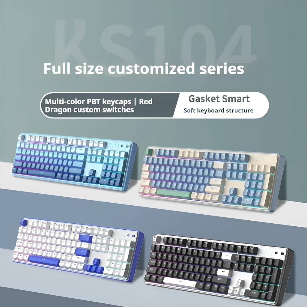 Three-mode mechanical keyboard with 104 keys in various colour options on a desk