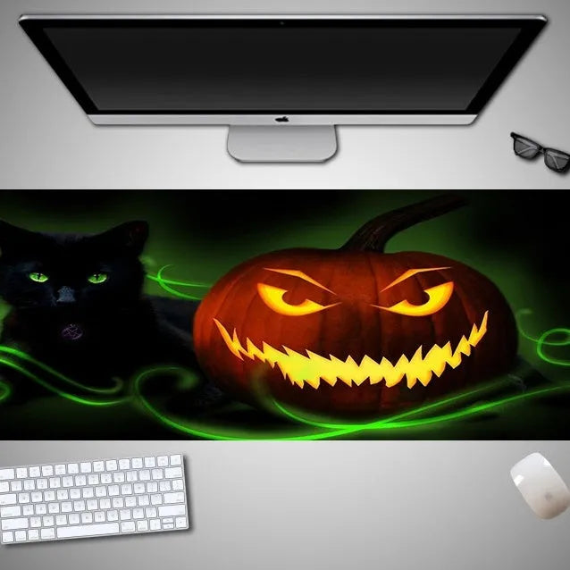 Halloween-themed oversized mouse pad showing rubber cloth texture and non-slip base