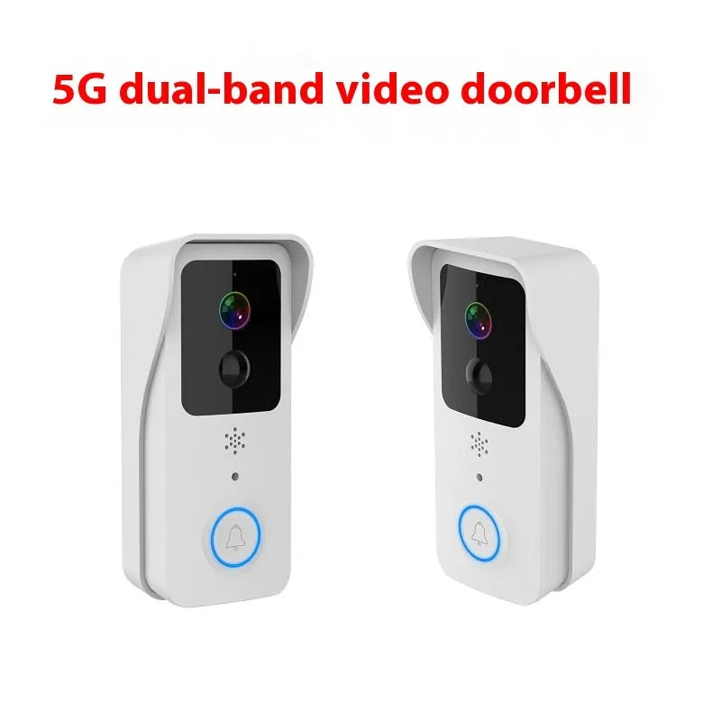 Black or white smart visual doorbell with camera, button, and waterproof casing for outdoor mounting.