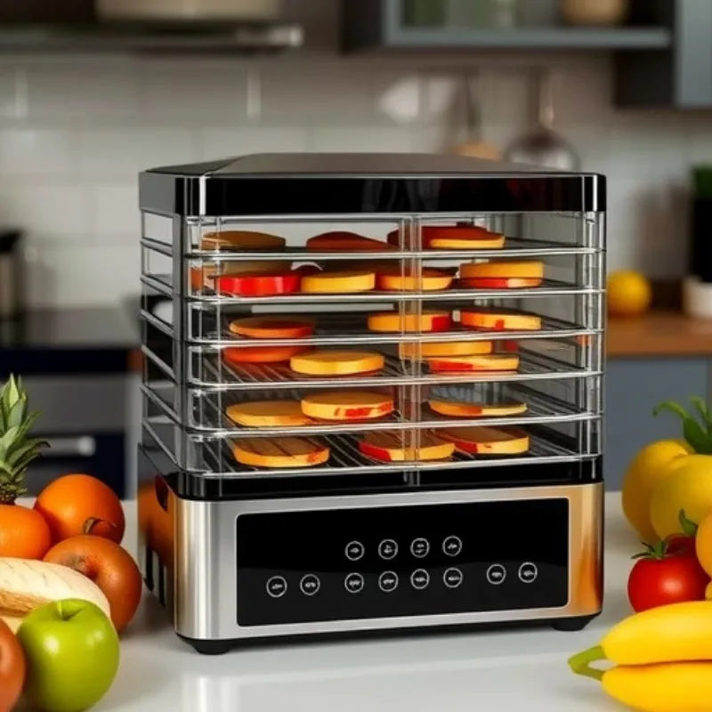 Silver stainless steel fruit dehydrator with six drying trays showing temperature control dial