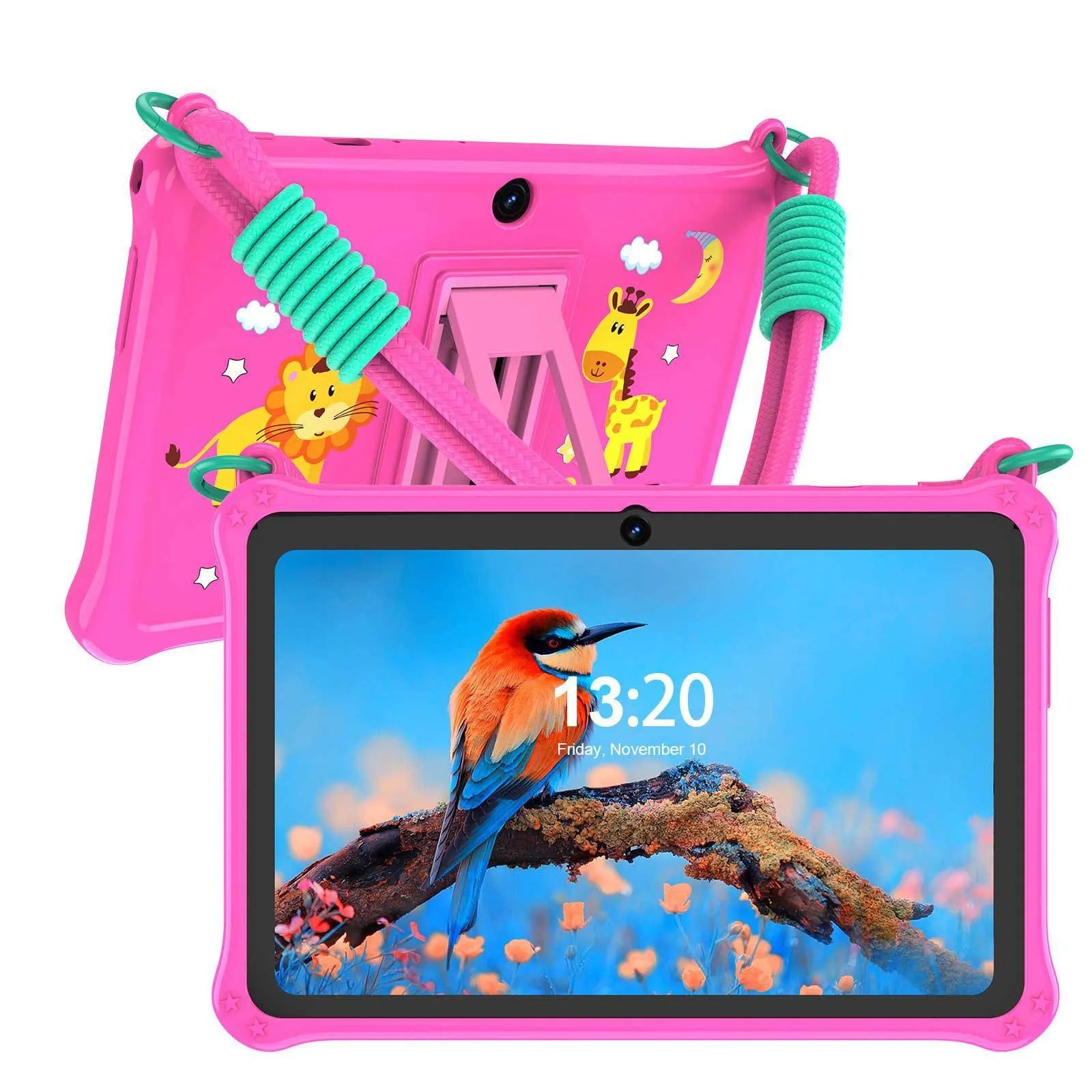 7-inch silicone protective case with flat strap for children's tablets in sapphire blue and dark pink colours