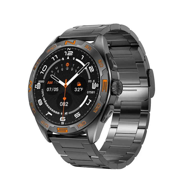 Smart watch displaying health metrics on IPS screen, in black steel colour with metal strap.