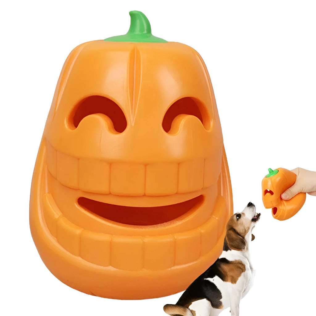 Yellow pumpkin-shaped TPR dog chew toy for aggressive chewers, 8.6x11.5cm