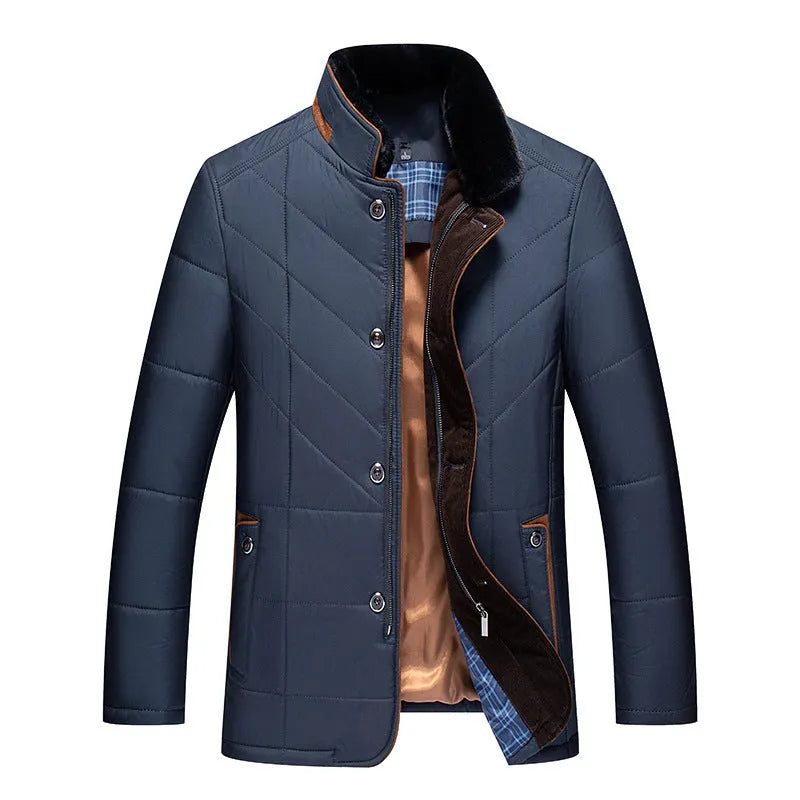 Men's dark blue cotton-padded winter short coat with side seam pockets