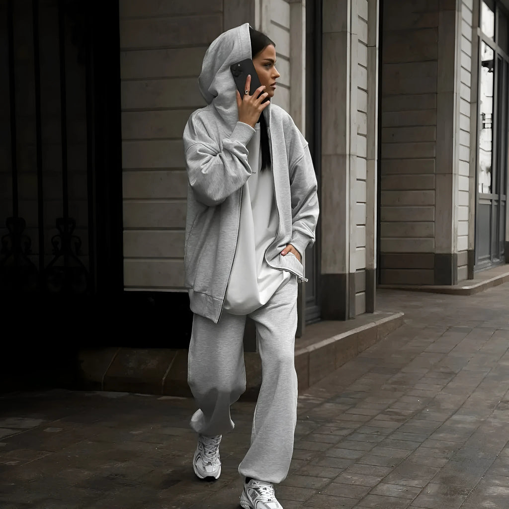Women's street style long-sleeved coat and trousers two-piece set in solid colour