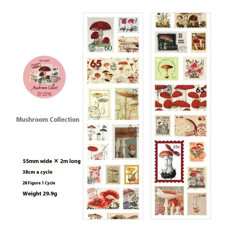Roll of retro-design coated paper stamp stickers for journal decoration, showing one of four themed collections.
