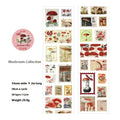 Roll of retro-design coated paper stamp stickers for journal decoration, showing one of four themed collections.