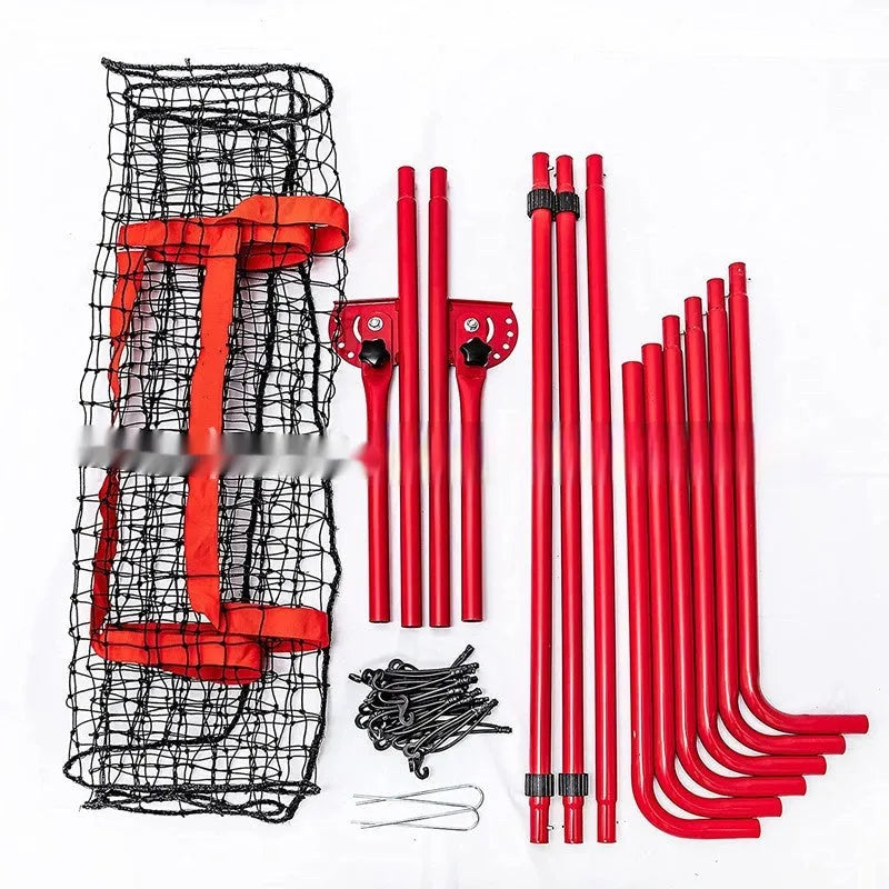 Red 4x6FT adjustable baseball training net with steel frame shown in garden setting