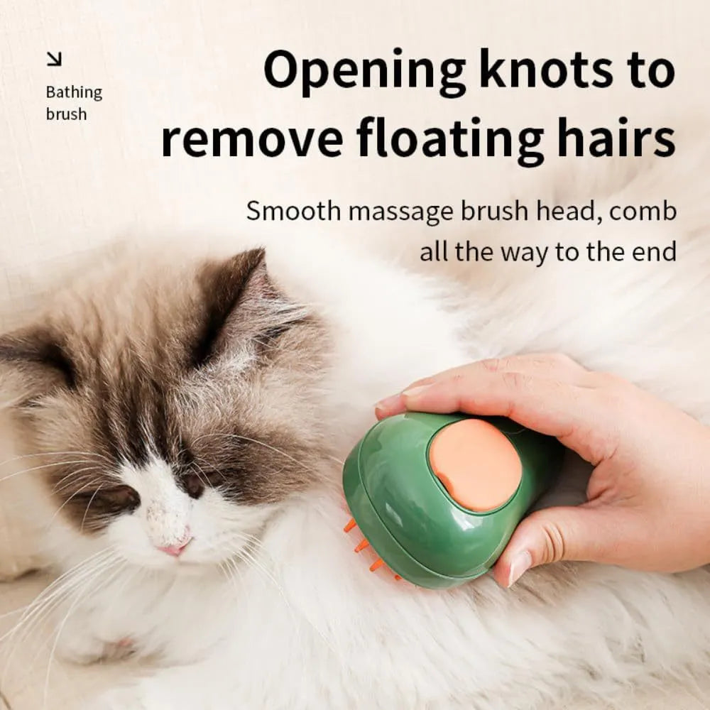 Green and white rechargeable cat steam grooming brush with silicone teeth and water spray nozzle.