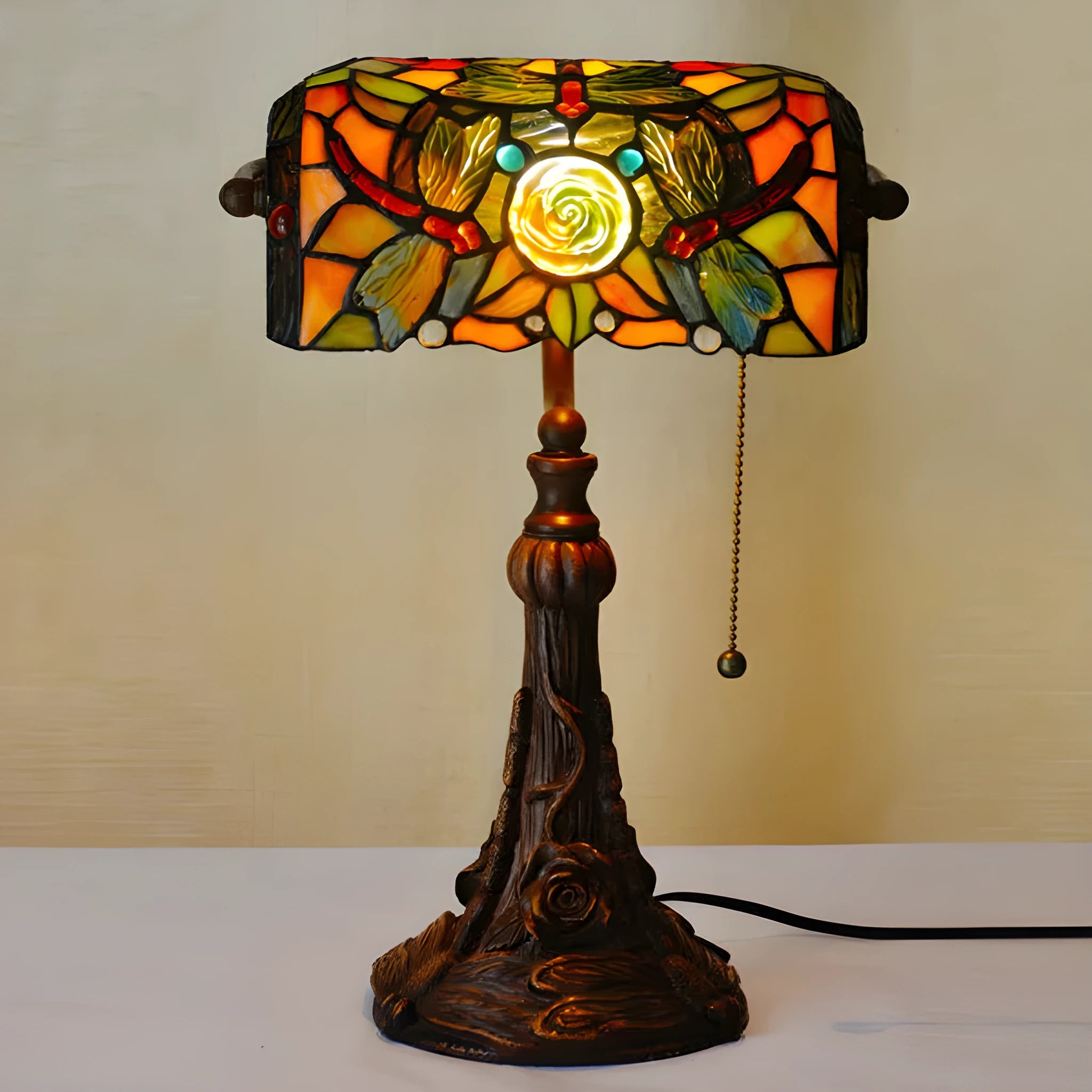 10-inch Tiffany table lamp with coloured stained glass shade on resin base