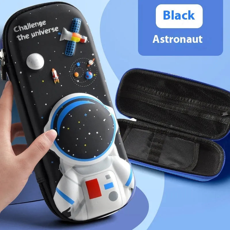 3D leather pencil case with decorative design options including astronauts, dinosaurs and mermaids