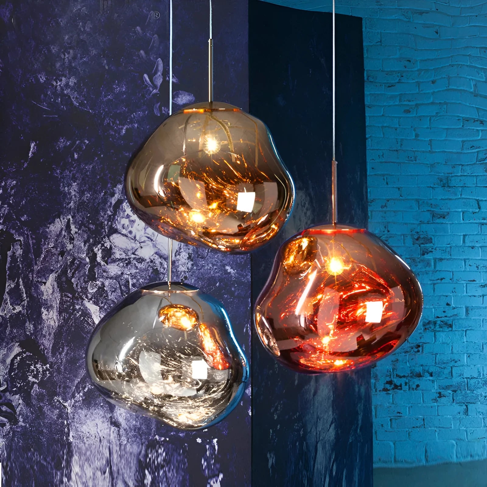 Nordic style irregular glass ceiling chandelier in gold finish, showing E27 bulb socket.