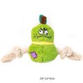 Green and purple interactive dog toy showing a plush rope knot and a molar tooth design for tugging and chewing.