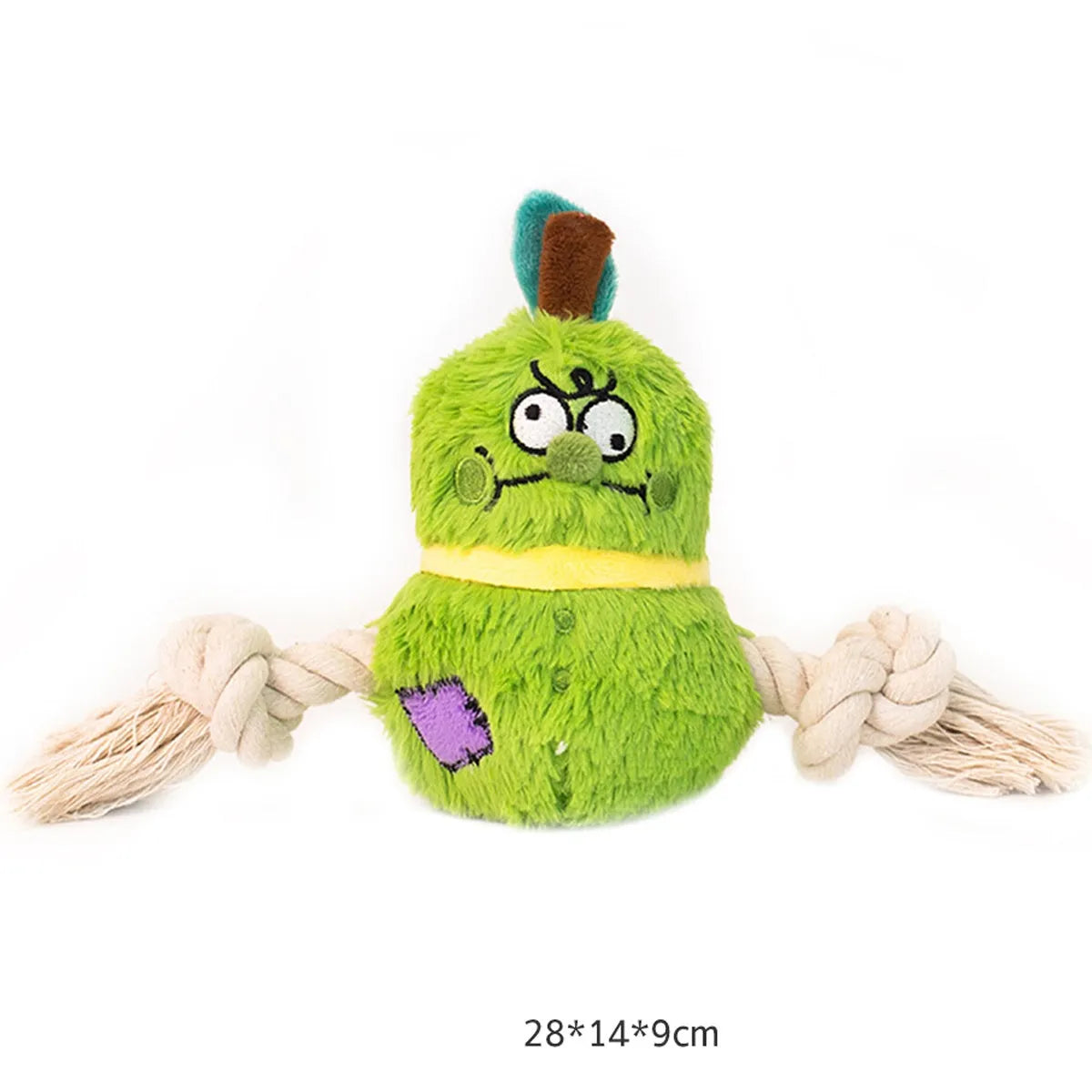 Green and purple interactive dog toy showing a plush rope knot and a molar tooth design for tugging and chewing.