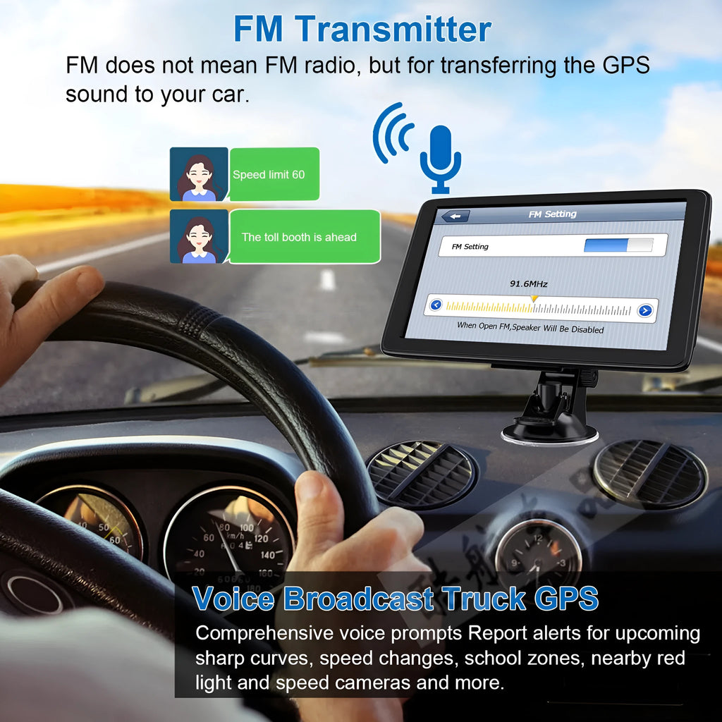 7-inch portable car GPS navigation device with mount and charger on a car dashboard
