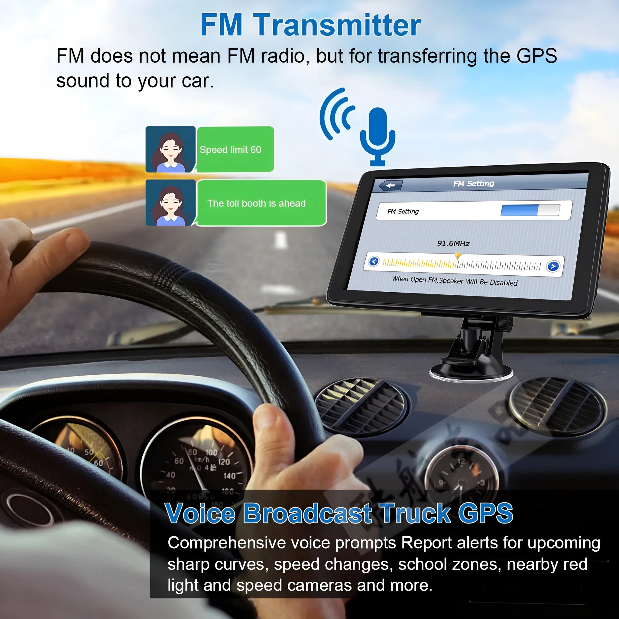 7-inch portable car GPS navigation device with mount and charger on a car dashboard